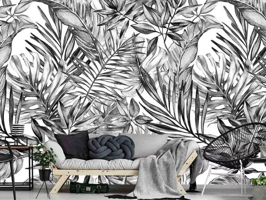 Black-and-White-Tropical-Wallpaper-Living-Room-About-Murals-min